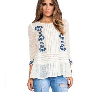 FREE PEOPLE JOCELYN White Blue Embroidered Sheer Swiss Dot Tunic Top Siz…